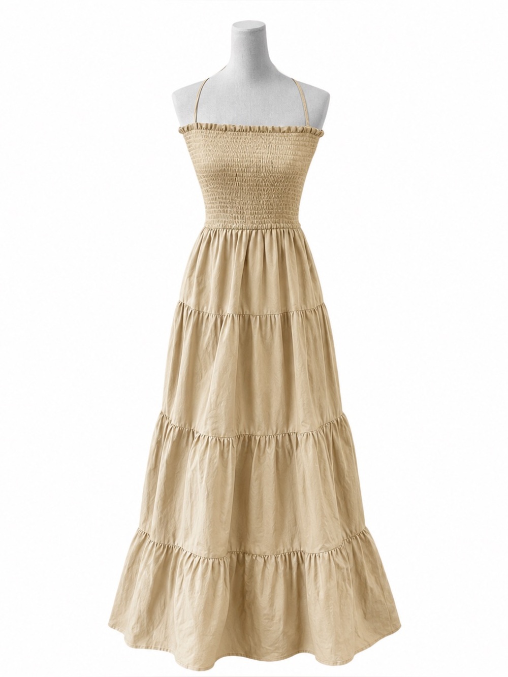 L’Academie Cream Smocked Halter Maxi Dress Tiered Cotton Cottagecore Boho M